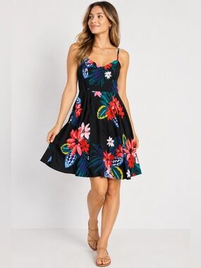 Old Navy Black Tropical Floral Fit & Flare Swing Dress XS